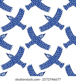 A fun folk seamless pattern with blue birds. A boho print with simple flying crows.