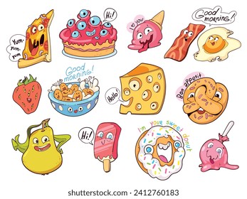 Fun food is drawn in comic style. Drawing characters with different emotions. Colorful cartoon character. Funny vector illustration. Isolated white background. Sticker pack