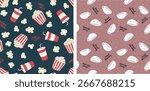 Fun Food and Drink Seamless Pattern Set - Retro Cinema Popcorn and Cute Morning Coffee Vector Backgrounds