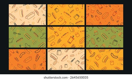 Fun food-themed background with doodles of hot dogs, sausages, and grill items in warm colors, perfect for street food visuals.