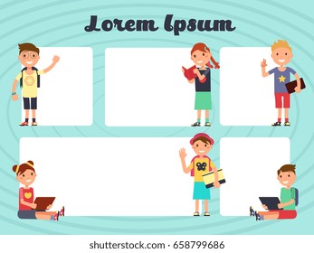 Fun frames kids layout. Vector texting brochure backgrounds with cartoon children. Cartoon cheerful kids with template of poster or brochure illustration