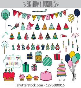 Fun freehand birthday decoration doodles, Colored hats, balloons, gift illustrations, Festive banner, bunting flag and party favors sketch, Cup cake, number candles, sparkles and whistles elements