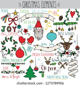 Fun freehand Christmas colored doodles, Santa, Rudolf reindeer, candy cane, shooting star tree top, wreath, mistletoe garland Illustration, Snowflake, mittens, banner, merry, ornaments, bow elements