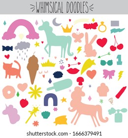 Fun freehand colored whimsical unicorn & rainbow doodles, colored shapes cute animals, cat, bunny & heart drawing, Ice cream, donuts, lips, crown, diamond ring, moon, star wand, cloud, candy, arrow