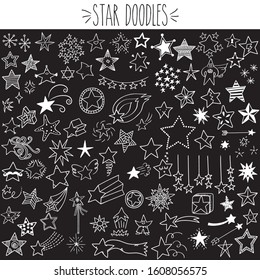 Fun freehand shiny star decoration doodles, White outline shooting comet and starburst Illustration, silhouette, scribble, magic wand, arrows, dots, asterisk, sleepy, wings, 3D, Sheriff, vector sketch