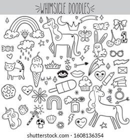 Fun freehand whimsical unicorn & rainbow doodles, Black and white  outline cute animals, cat, bunny & heart drawing, Ice cream, donuts, lips, crown, diamond ring, moon, star wand, cloud, candy, arrow