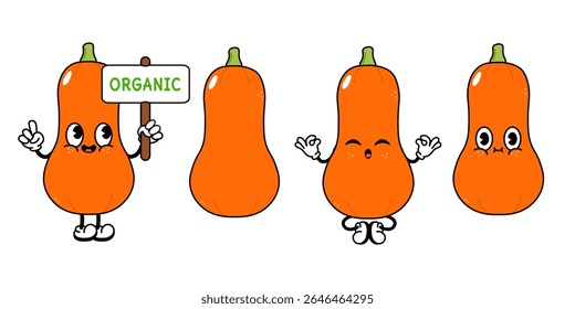 Personagens divertidos e amigáveis Butternut Squash mostrando um conceito orgânico e várias poses.