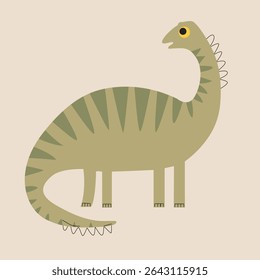 Fun and friendly cartoon dinosaur illustration featuring a long-necked, green-striped dino with a playful design. Ideal for children's books, nursery decor, educational materials, and baby clothing. 
