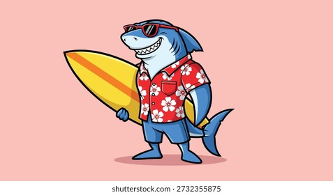 Un tiburón de dibujos animados divertido y amigable con gafas de sol, una camisa hawaiana y pantalones cortos, sosteniendo una tabla de surf, listo para un día de surf.