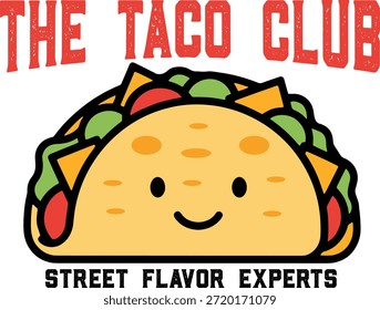 Divertido y amigable personaje de taco de dibujos animados con una cara sonriente, con ingredientes coloridos que incluyen lechuga, tomates, queso y carne. El diseño incluye "The Taco Club"