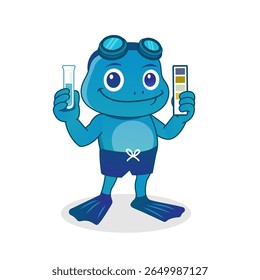 Uma divertida e amigável ilustração vetorial de desenho animado de um sapo azul vestindo troncos de natação e óculos de proteção, segurando um tubo de ensaio e uma faixa colorida de pH. Perfeito para materiais educacionais, conteúdo científico para crianças