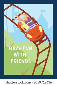 Fun with friends in amusement park banner or poster with with people on roller coaster attraction, flat vector illustration. Weekend with friends in amusement park.
