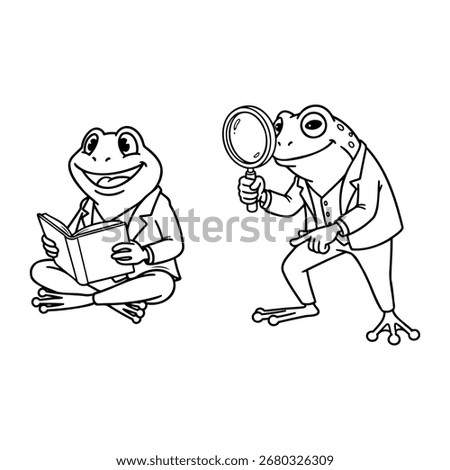 A fun frog coloring page for kids, featuring a smart character reading a book and playing detective. A set of black and white line art drawings.
