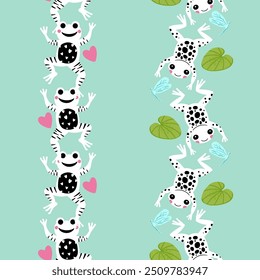 Fun Frogs Hopping Vector Seamless Vertical Borders Set