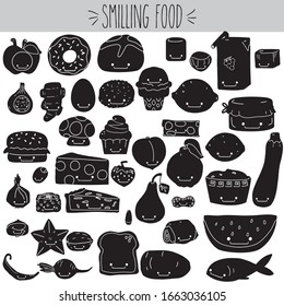Fun fruit and vegetable with smiling face illustration. Breakfast food, bread, cheese, egg and  jam sketch. Dessert, cupcake, ice cream and donuts drawing. Cheese burger, fish sushi and pasta.