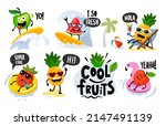 Fun fruits on vacation vector characters. In pool, surfing, lies on sun lounger.