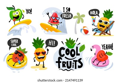 Fun fruits on vacation vector characters. In pool, surfing, lies on sun lounger.