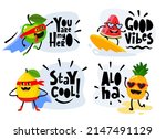 Fun fruits vector. Hero apple, cute pineapple character