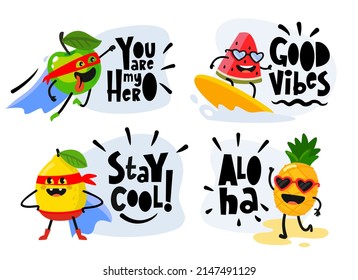 Fun Fruits Vector. Hero Apple, Cute Pineapple Character