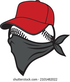 Fun full color illustrated baseball logo character mascot with hat and bandit bandana face mask. Easy to edit vector eps graphic design.