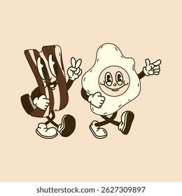 Fun and funky retro cartoon featuring bacon and eggs as a cheerful vintage breakfast pair