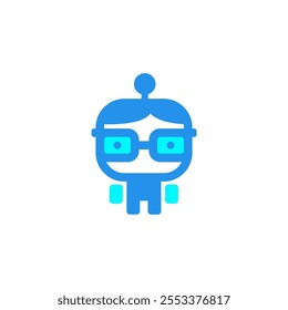 Um design de logotipo divertido e futurista com um robô geek azul, combinando tecnologia com uma personalidade divertida e acessível.