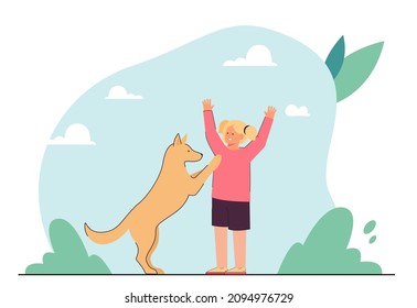 Fun game between happy pet owner and cute dog. Kid playing with best friend puppy in park flat vector illustration. Love, friendship with animals concept for banner, website design or landing web page