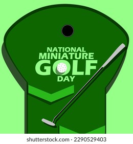 An fun game called miniature golf with mini golf sticks, golf balls and bold text on green background to celebrate National Miniature Golf Day on May