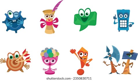 Fun game icons set. Cartoon characters for various game situations. Bright isolated symbols