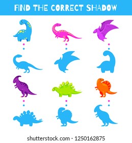 Fun game for kids. Find the correct shadow. Vector cartoon illustration. Cute doodle dinosaurs