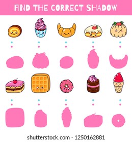 Fun game for kids. Find the correct shadow. Vector cartoon illustration. Cute doodle sweets and desserts