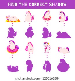 Fun game for kids. Find the correct shadow. Vector cartoon illustration. Cute doodle unicorns