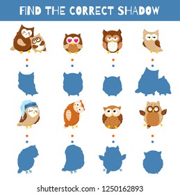 Fun game for kids. Find the correct shadow. Vector cartoon illustration. Cute doodle owls