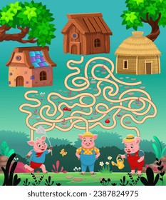 Fun game labyrinth, maze from the fairy tale The Three Little Pigs. three little pigs are looking for the way to their houses made of stone, straw, wood.