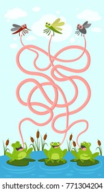 Fun game labyrinth, maze frog. Which bug is for which frog. Vector illustration