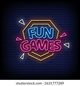 fun games neon sign with brick wall background vector