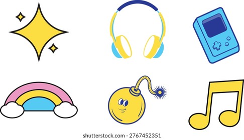 Fun gaming and music icons set, headphones, retro handheld game console, console, rainbow arch, holiday sparkle stars