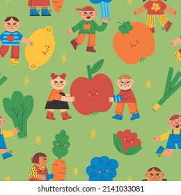 Fun Gardening Seamless Pattern. Kids Carrying Fruits And Vegetables. Boys And Girls Happy With The Harvest. Colorful Cartoon Pattern Design.