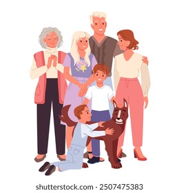 Fun gathering of generations of relatives, husband hugging wife and daughter, grandparents, sister and brother standing together, playing with dog cartoon. Happy hugs of big family