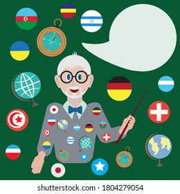 Eine lustige Geografie-Lehrbeispiel. Ein süßer Grauhaarlehrer mit runder Brille und grauem Pullover. Um die Symbole verschiedener Länder der Welt, Globen, Kompasse. Konversationswolke