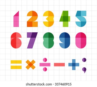 Dígitos geométricos divertidos y signos matemáticos con efecto de color múltiple