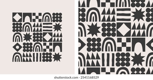 Divertido conjunto de padrões sem emenda de forma geométrica. Fundo de arte estilo escandinavo retrô abstrato, design moderno com formas de geometria. Textura simples mosaico papel de parede.