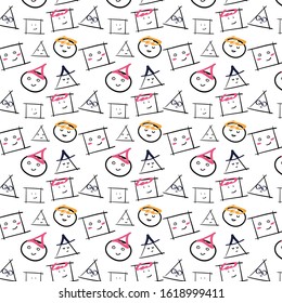 Fun geometric shapes pattern. vector triangles, squares and circles drawn by hand with colored elements.