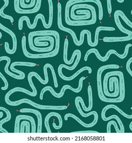 Fun geometric snakes pattern for kids and cute design projects. Monochrome green seamless surface design. Great for kids and summer home decor. Surface pattern design.