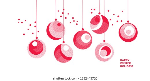 Fun geometric textured red xmas baubles on white background for card, header, invitation, poster, social media, post publication. Geometry minimal single-color horizontal card for winter holiday
