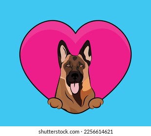 Perro pastor alemán divertido colgado con patas en el corazón de San Valentín. Amar el corazón con la cabeza de mascota, el corazón y la huella. Cara de perro sosteniendo un icono de caricatura rosada. Día de San Valentín para los perros.