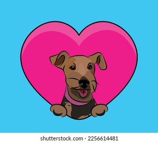 Un perro pastor alemán divertido con patas en el corazón de San Valentín. Amar el corazón con la cabeza de mascota y el corazón rojo y la huella. Cara de perro sosteniendo un icono de caricatura rosada. Día de San Valentín para los perros.