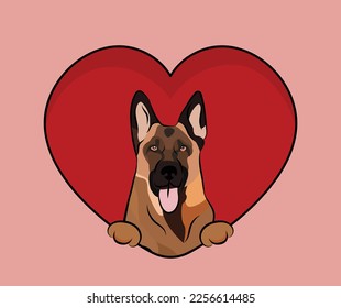 Un perro pastor alemán divertido con patas en el corazón de San Valentín. Amar el corazón con la cabeza de mascota y el corazón rojo y la huella. Cara de perro sosteniendo un icono de caricatura rosada. Día de San Valentín para los perros.