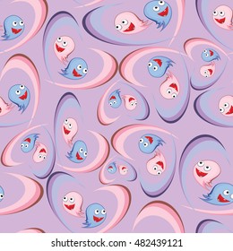 Fun Ghost monster in the middle of the heart on a pink background.Seamless pattern.For Halloween,cloth,diapers,curtains,Wallpaper,t-shirts and so on.