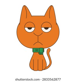Fun ginger Cat in green scarf isolated transparent background. Vector illustration of cute emotional Cat. Editable stroke. Perfect for mood cozy autumn winter concept. EPS 10 